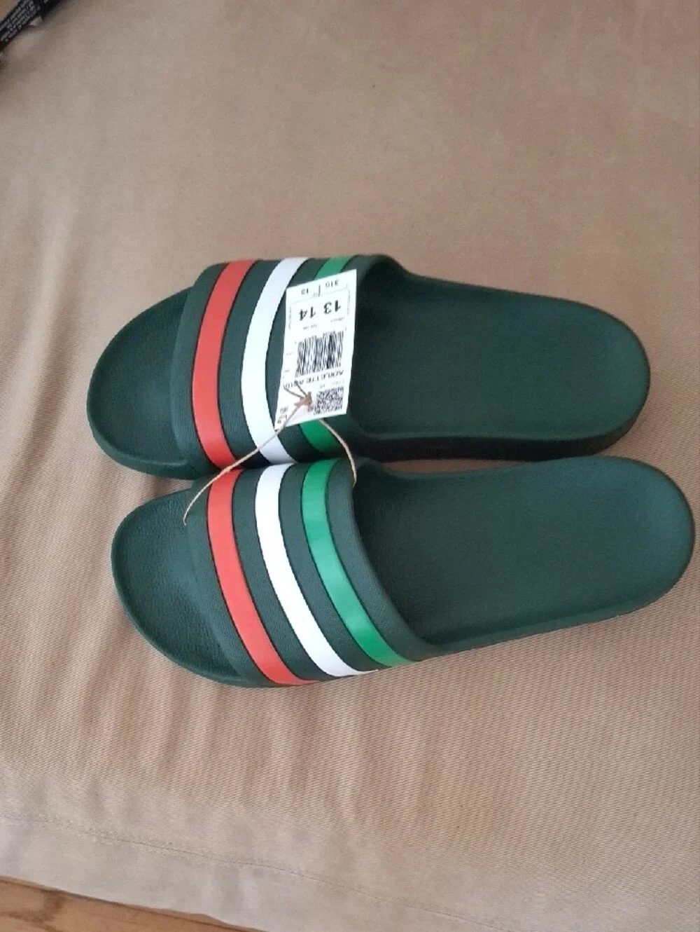 adidas Adilette Aqua Slide Sandals in Green with Red and White Stripes